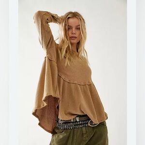 Free People Oh My Baby Doll Flowy Waffle Knit Thermal Size Small Beige